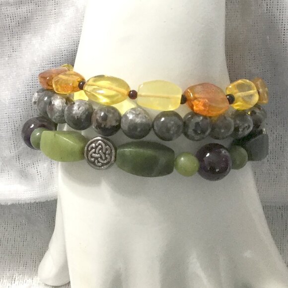 3pc Natural Stone Stretch Bracelet Set - Mixed Gemstone Beads Boho Stackable - Picture 1 of 14